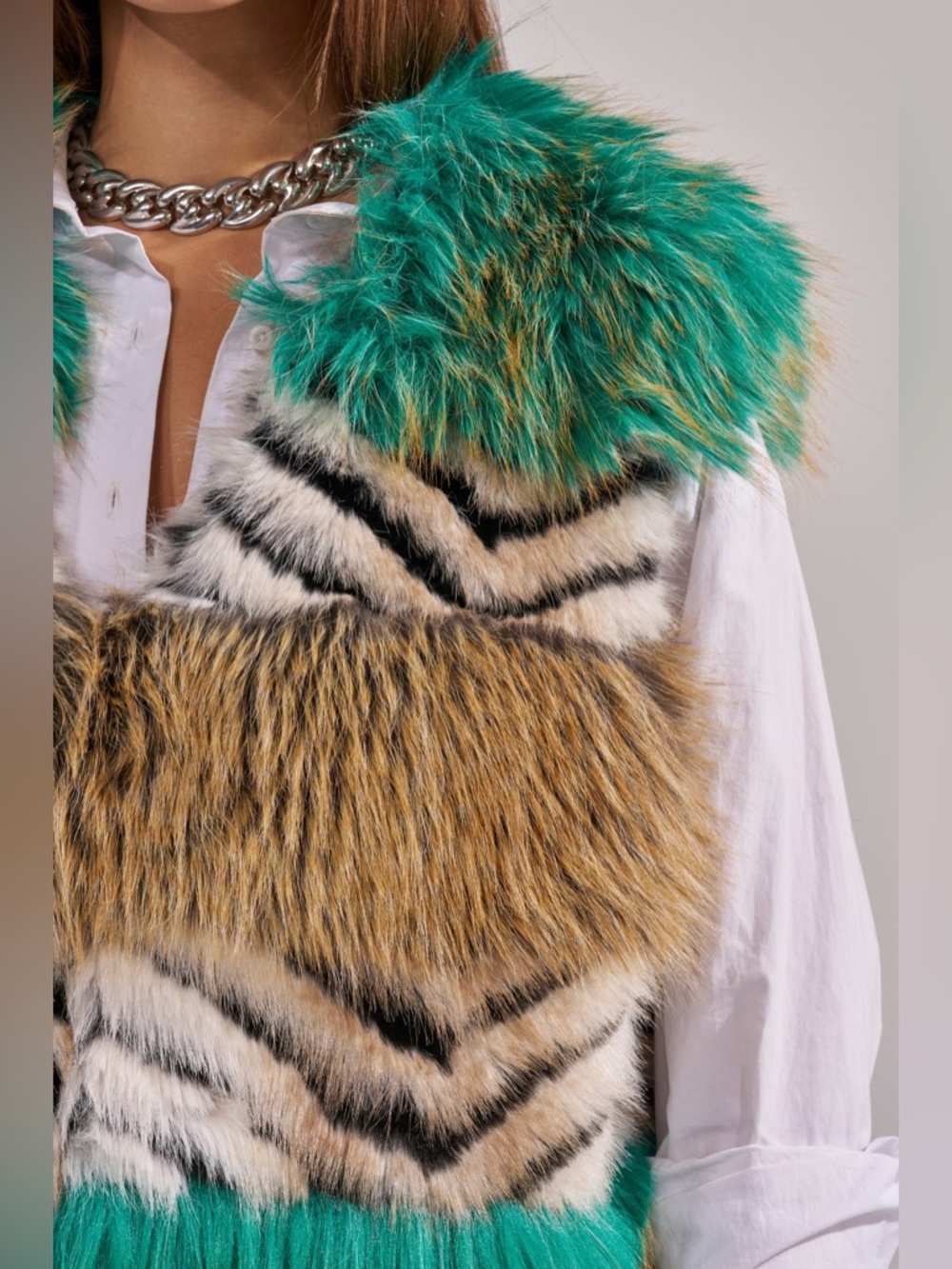 AKIRA Multi-Color Faux Fur Long Vest with Teal Accents - Picture 6 of 7
